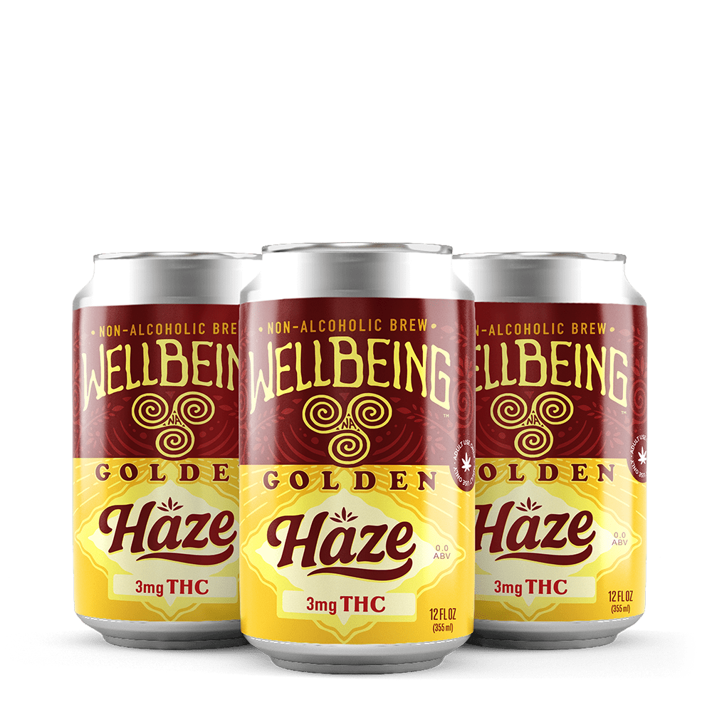 
                  
                    Golden Haze THC seltzer 4-pack of cans with bold citrus design
                  
                