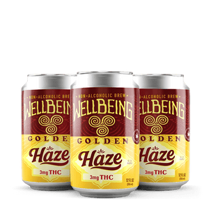 
                  
                    Golden Haze THC seltzer 4-pack of cans with bold citrus design
                  
                