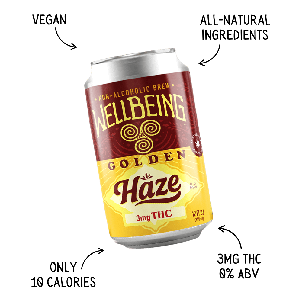 Golden Haze THC seltzer can with highlights showing 3mg THC, vegan, 10 calories, alcohol-free