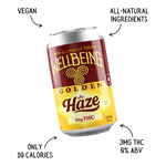 Golden Haze THC seltzer can with highlights showing 3mg THC, vegan, 10 calories, alcohol-free