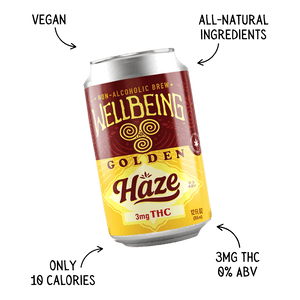 
                  
                    Golden Haze THC seltzer can with highlights showing 3mg THC, vegan, 10 calories, alcohol-free
                  
                