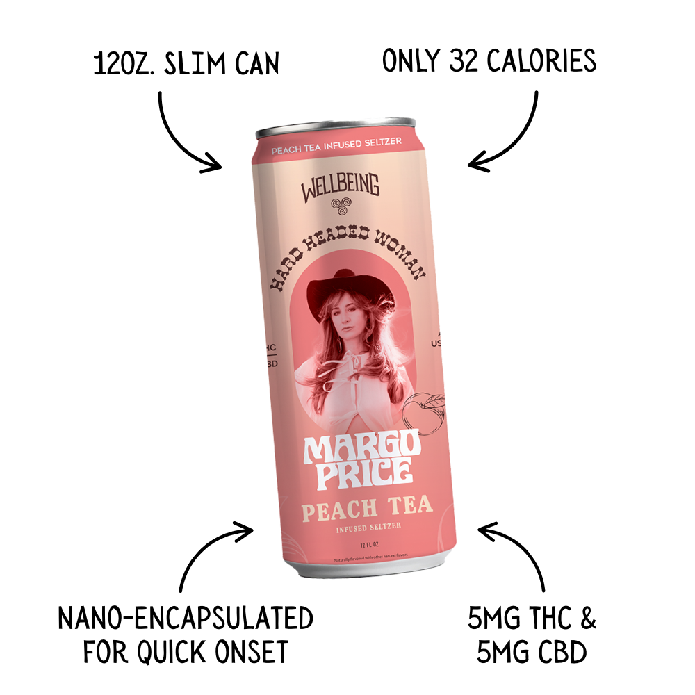Margo Price Peach Tea Seltzer 12oz Slim Can Features – 5mg THC 5mg CBD, 32 Calories, Nano-Encapsulated