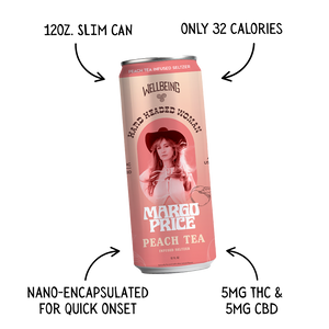 
                  
                    Margo Price Peach Tea Seltzer 12oz Slim Can Features – 5mg THC 5mg CBD, 32 Calories, Nano-Encapsulated
                  
                