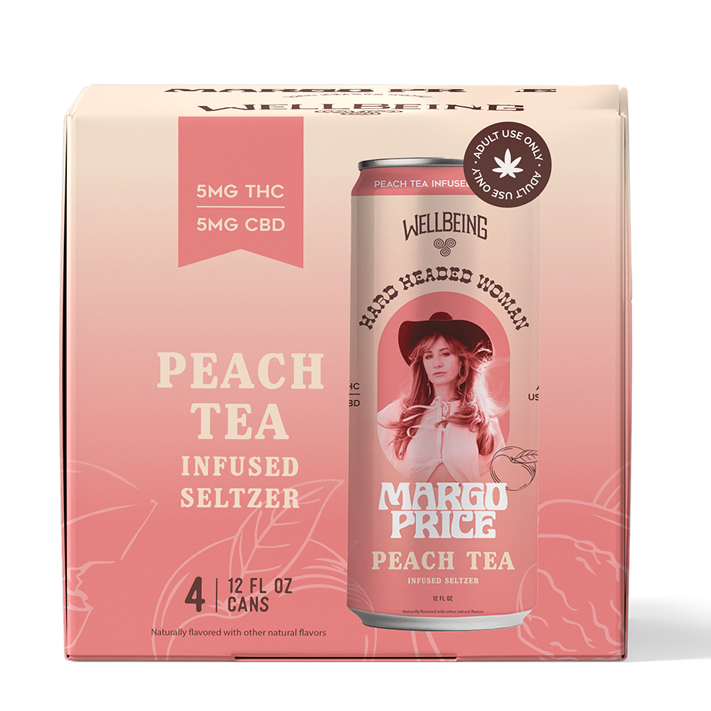 
                  
                    Margo Price Peach Tea Seltzer 4-Pack Box with 12oz Slim Cans – 5mg THC + 5mg CBD
                  
                
