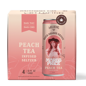 
                  
                    Margo Price Peach Tea Seltzer 4-Pack Box with 12oz Slim Cans – 5mg THC + 5mg CBD
                  
                